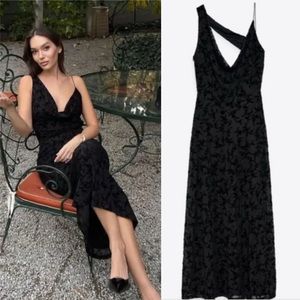 Zara Black Floral Draped Flocked Dress